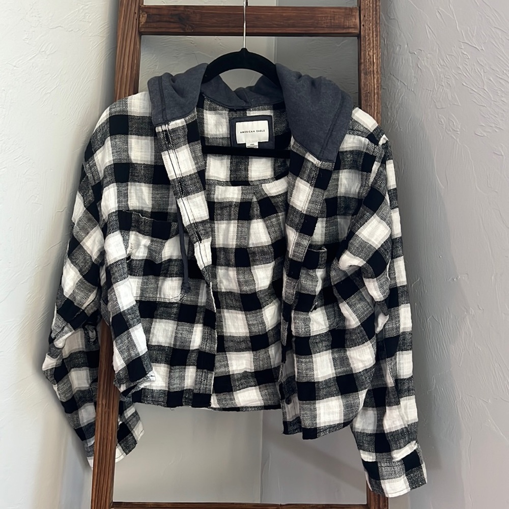 Flannel Button-Up Cropped Jacket W/ Hood